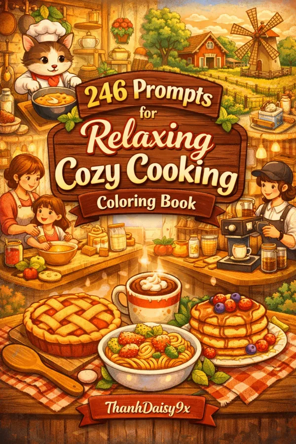 Relaxing Cozy Cooking coloring book cover art